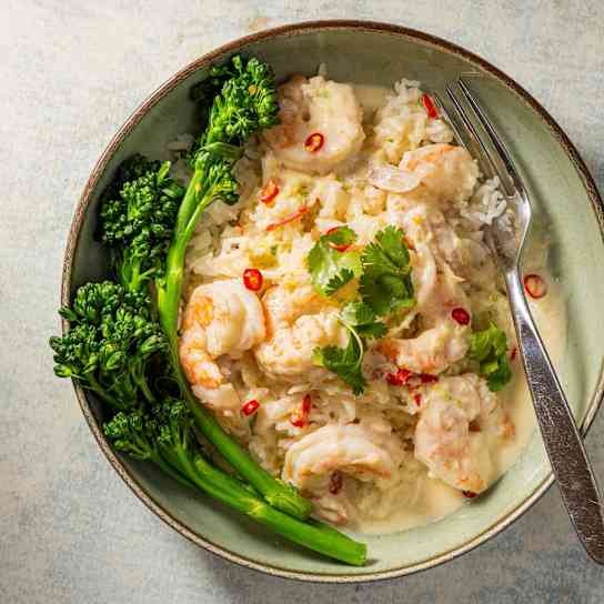 Shrimp with Coconut-Lime Sauce, Rice, and Broccolini